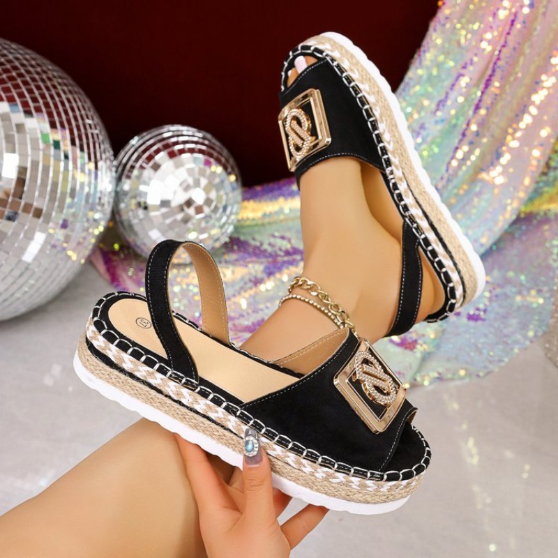Espadrille Slip On - Damesplatform espadrillesandalen met strass metalen gesp
